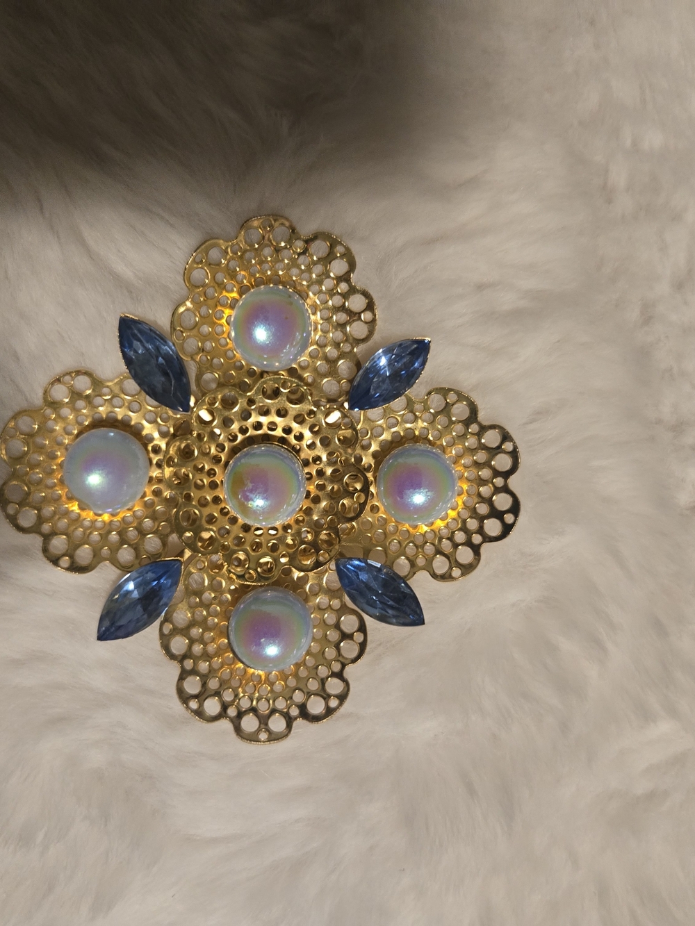Gold Floral Statement Brooch with Iridescent Pearls and Blue Accents
